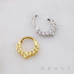FAN-SHAPED ARRANGEMENT OF SEVEN PEAR-CUT CZ ARCH 316L SURGICAL STEEL SEPTUM HINGED SEGMENT RING